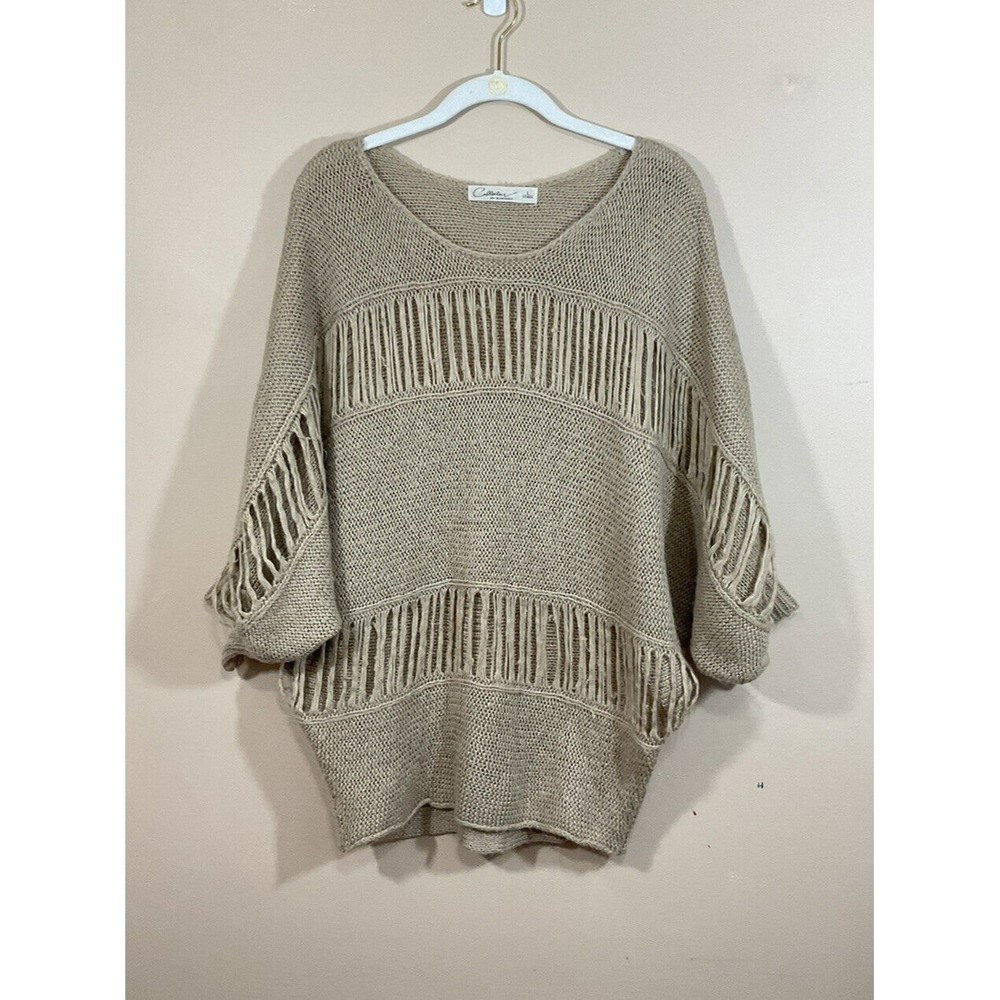 Euromoda Womens Distressed Sweater Size Large Tan Beige Slashed Dolman Sleeve